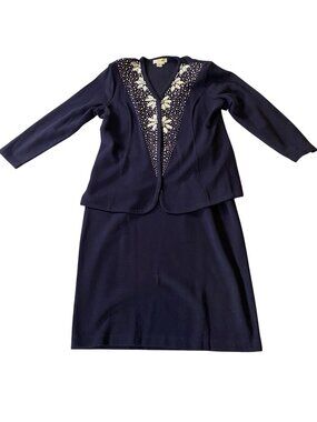 Outlander Navy Blue Faux Pearls Jacket & Skirt Set Elegant Floral Design